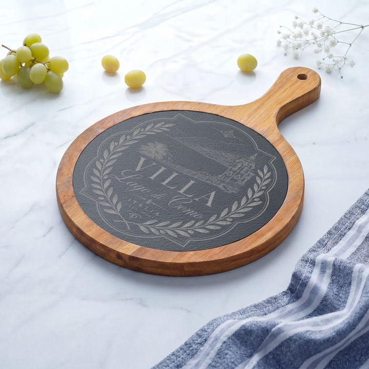 Villa Lago di Como Engraved Charcuterie Board Set Design with Slate Insert & Cheese Knives