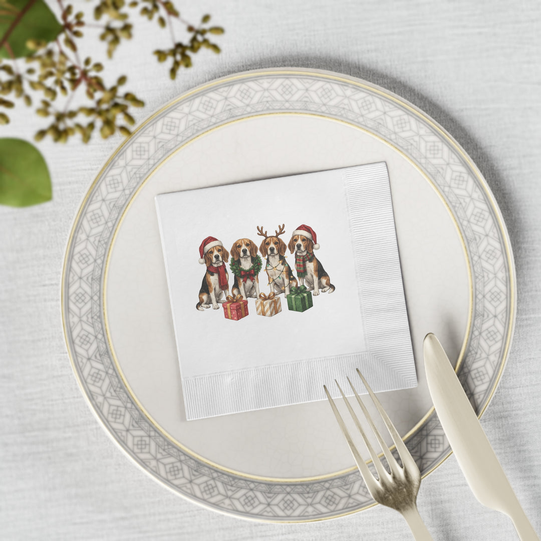 Christmas Beagle Napkins — Festive Holiday Cocktail Napkins with Dogs and Presents