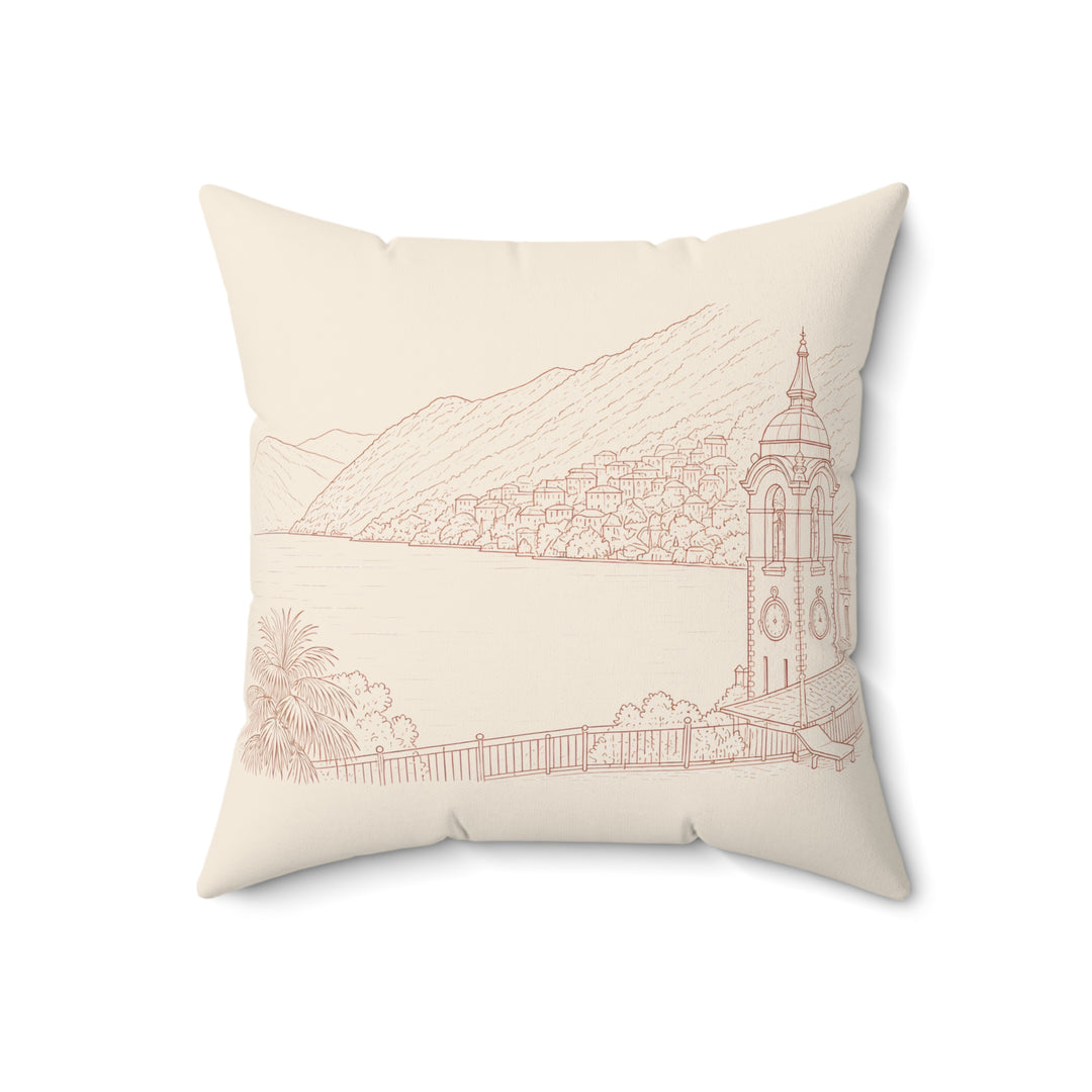 Villa Lago di Como Lakefront Sketch Faux Suede Pillow Coastal Charm Square Throw Pillow