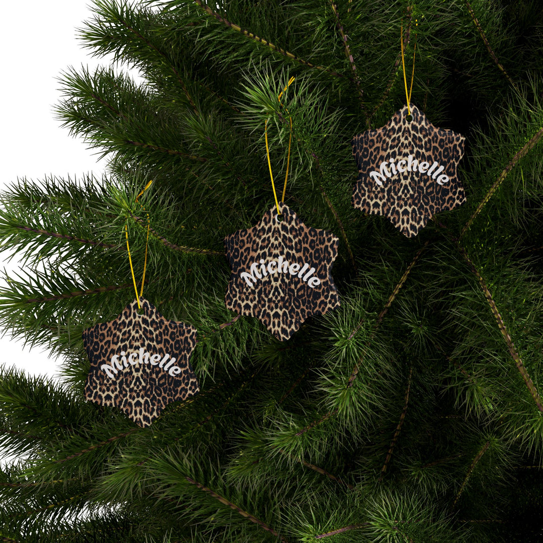 Leopard Print Personalized Ceramic Ornament Custom Name Holiday Decoration Circle, Heart, Star or Snowflake