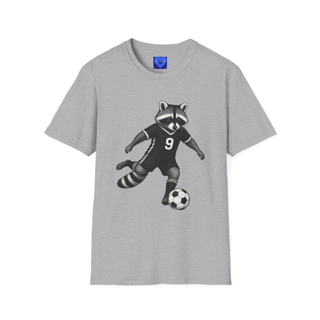 Raccoon Soccer T-Shirt — Cute Mascot Jersey Graphic (Number 9)