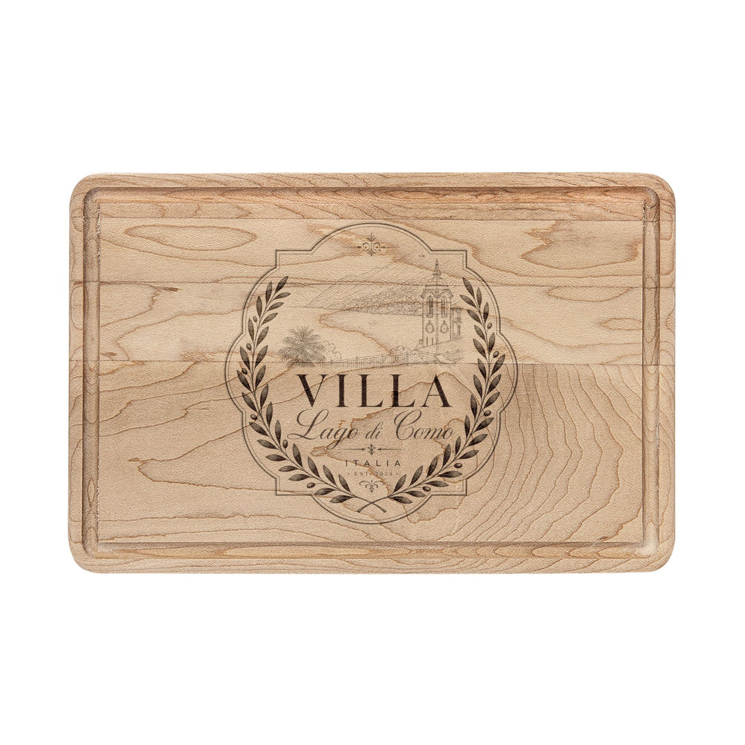 Engraved Villa Wreath Wooden Cutting Board — Personalized Kitchen Serving Board