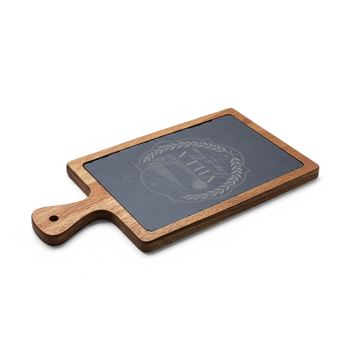 Villa Lago di Como Engraved Charcuterie Board Set Design with Slate Insert & Cheese Knives