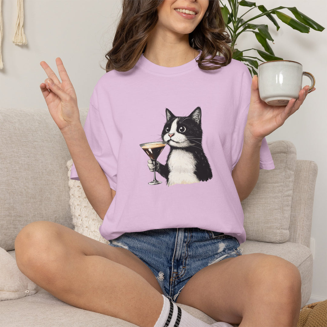 Cat with Cocktail TShirt Tuxedo Cat Drinking Martini Cute Graphic Tee
