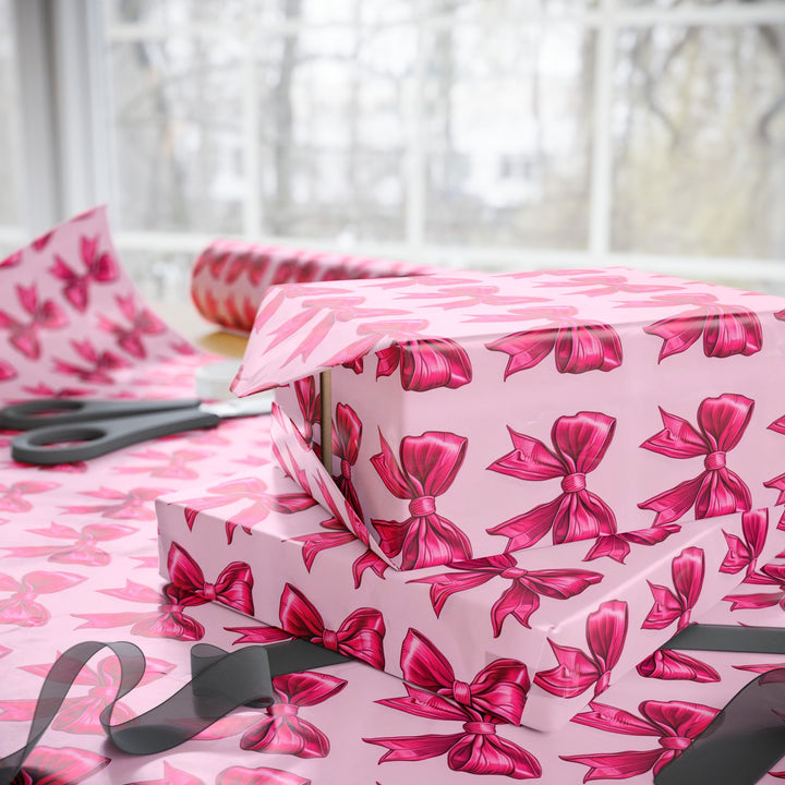 Pink Bow Wrapping Paper Coquette Christmas Gift Wrap Hot Pink Ribbon Pattern for Gifts