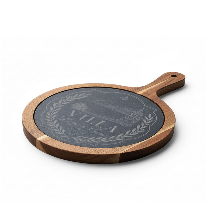Villa Lago di Como Engraved Charcuterie Board Set Design with Slate Insert & Cheese Knives