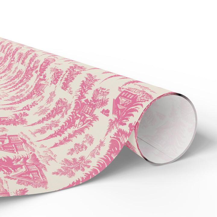Pink Toile Wrapping Paper Roll — Vintage Cottage Pattern Gift Wrap for Birthdays, Bridal, Mother’s Day