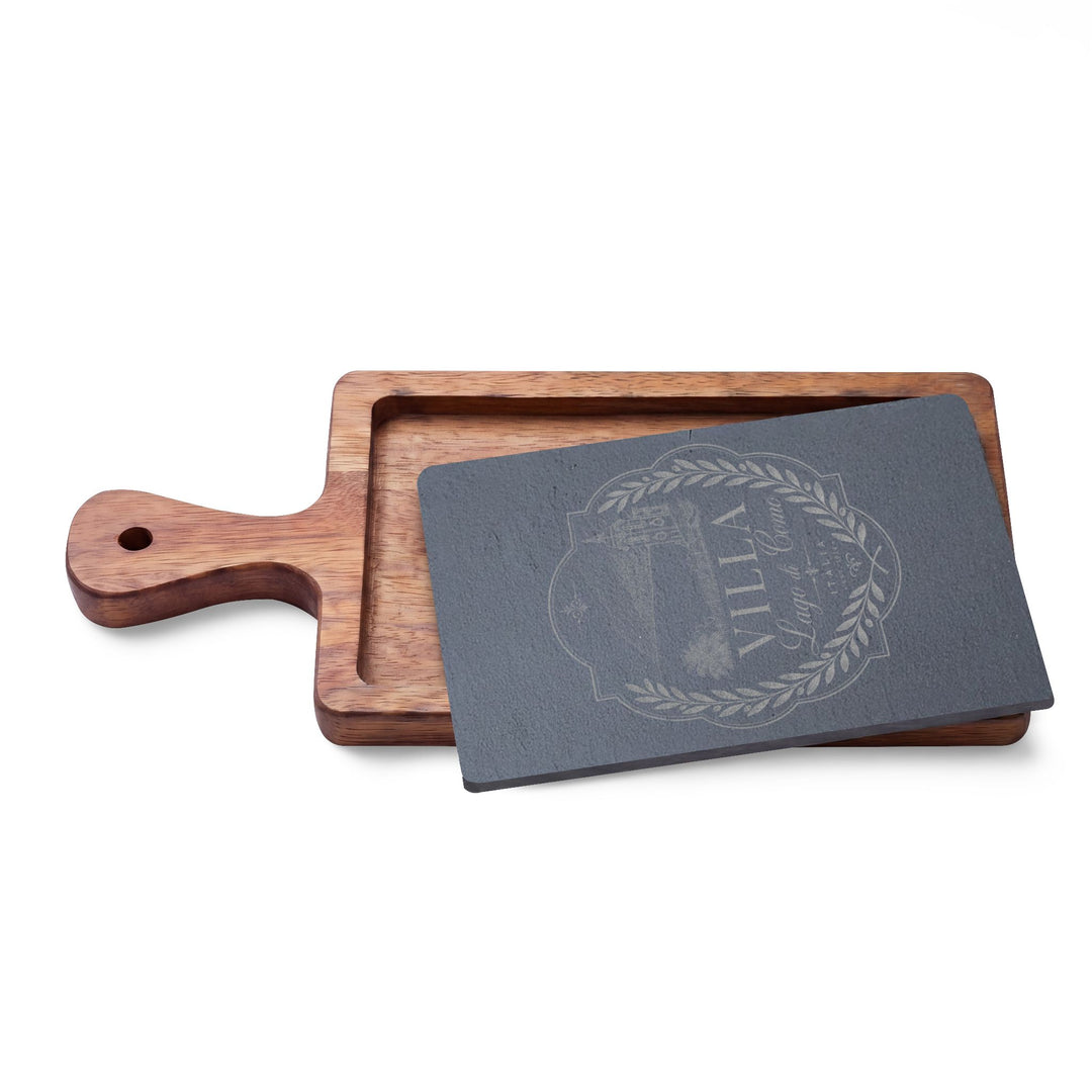 Villa Lago di Como Engraved Charcuterie Board Set Design with Slate Insert & Cheese Knives