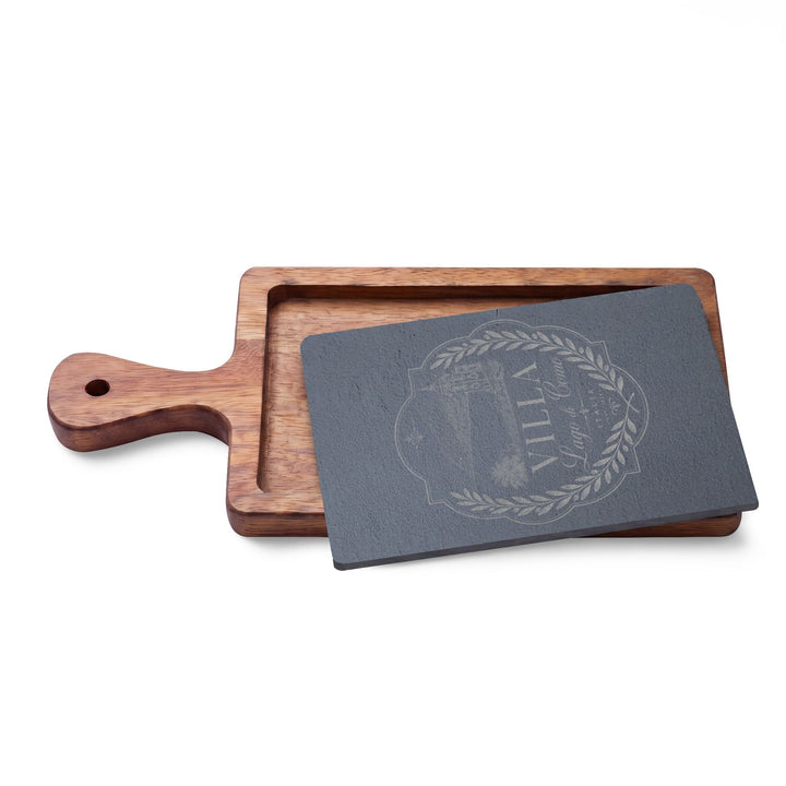 Villa Lago di Como Engraved Charcuterie Board Set Design with Slate Insert & Cheese Knives