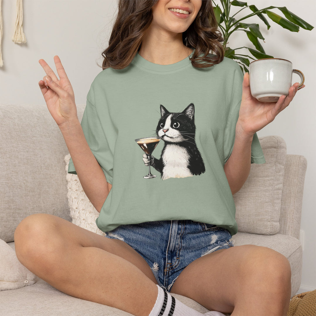 Cat with Cocktail TShirt Tuxedo Cat Drinking Martini Cute Graphic Tee