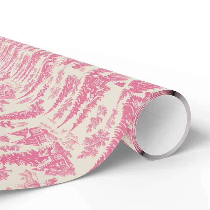 Pink Toile Wrapping Paper Roll — Vintage Cottage Pattern Gift Wrap for Birthdays, Bridal, Mother’s Day