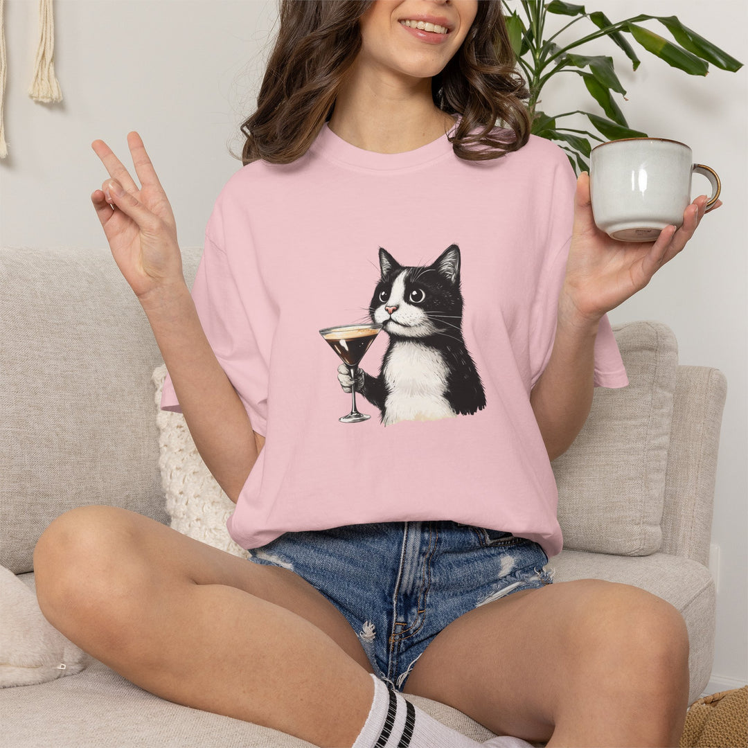 Cat with Cocktail TShirt Tuxedo Cat Drinking Martini Cute Graphic Tee