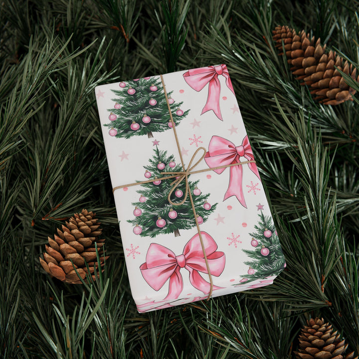Festive Christmas Wrapping Paper with Pink Bows and Wreaths