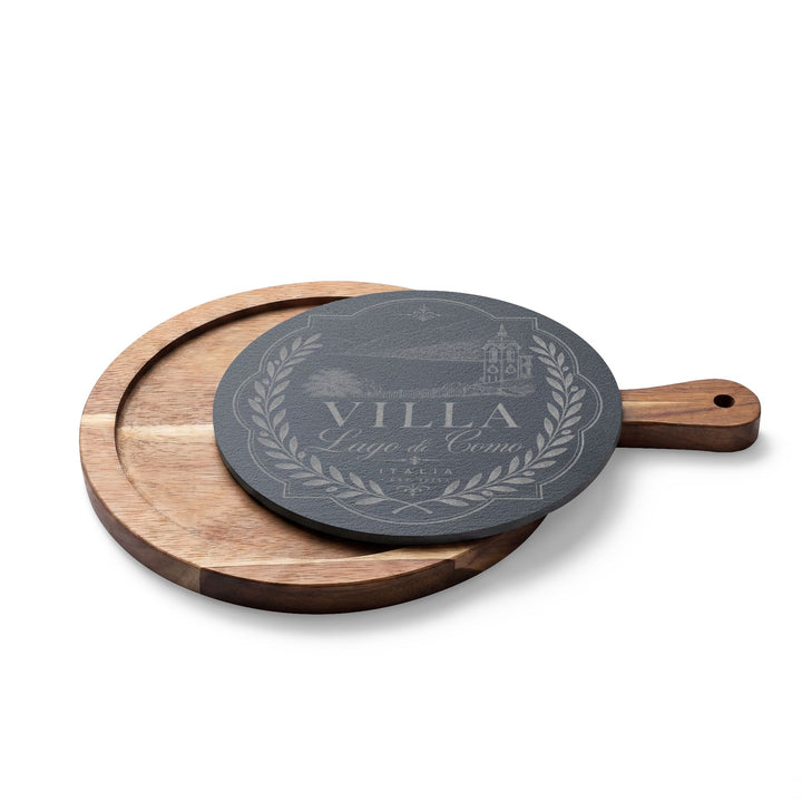 Villa Lago di Como Engraved Charcuterie Board Set Design with Slate Insert & Cheese Knives