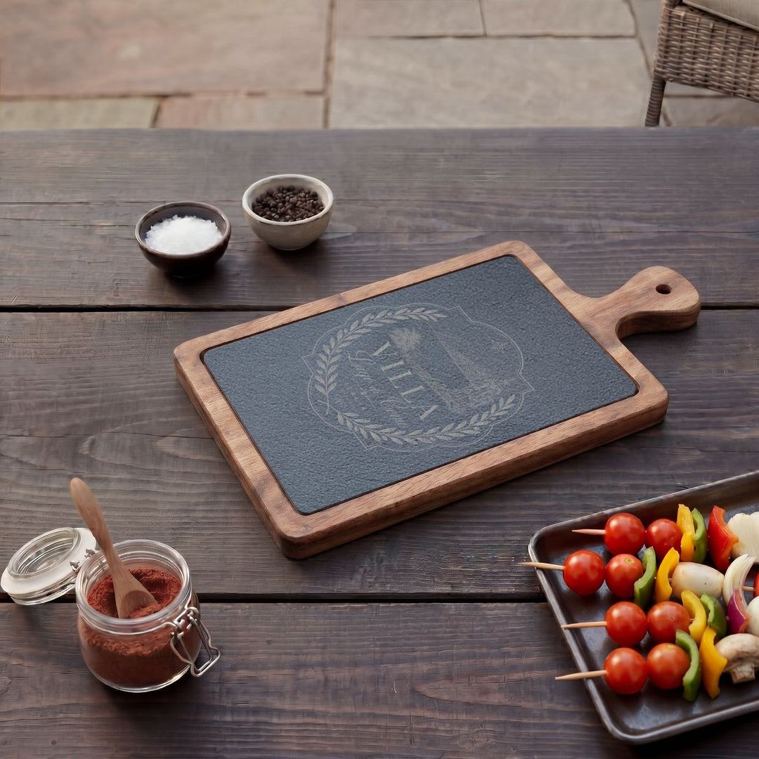 Villa Lago di Como Engraved Charcuterie Board Set Design with Slate Insert & Cheese Knives
