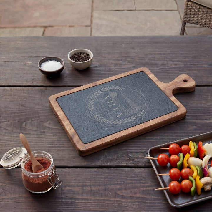 Villa Lago di Como Engraved Charcuterie Board Set Design with Slate Insert & Cheese Knives