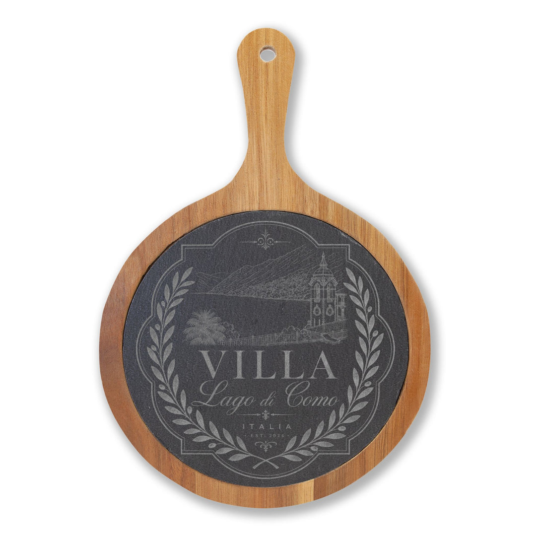 Villa Lago di Como Engraved Charcuterie Board Set Design with Slate Insert & Cheese Knives