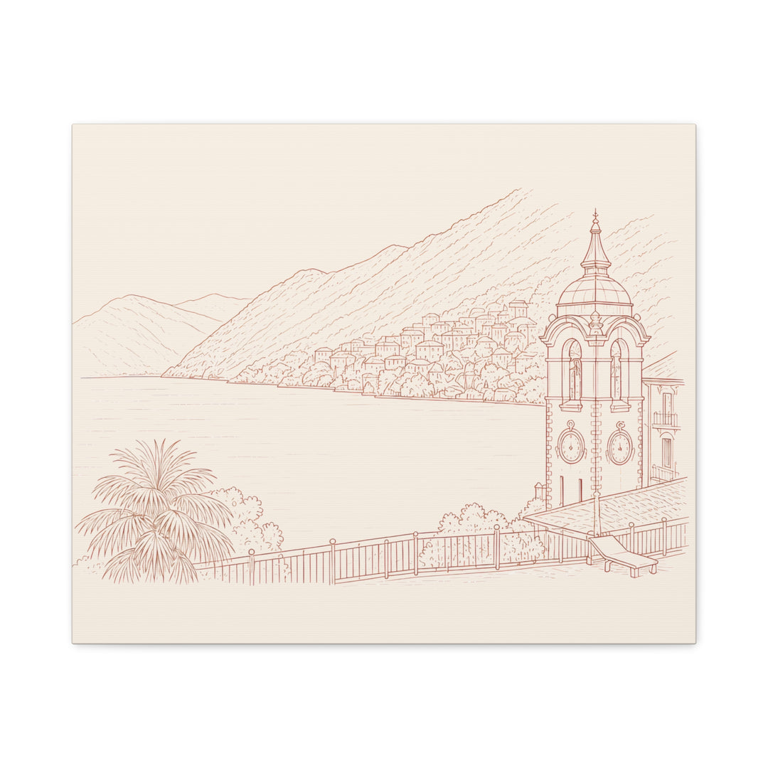 Villa Lago di Como Coastal Sketch Canvas Print  Minimal Seaside Wall Art