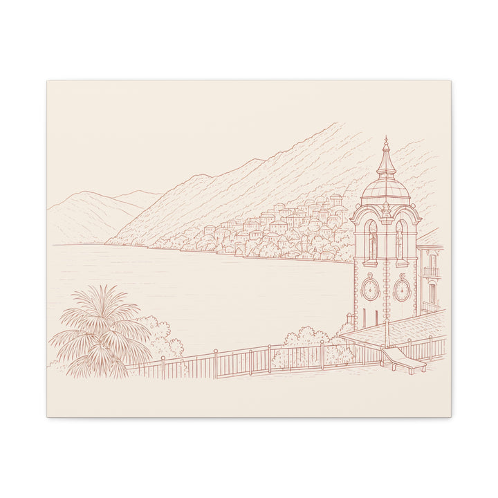 Villa Lago di Como Coastal Sketch Canvas Print  Minimal Seaside Wall Art