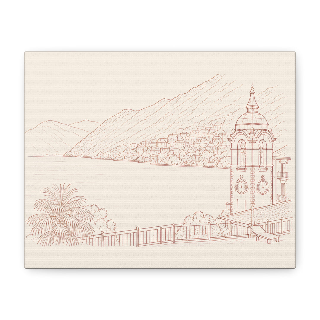 Villa Lago di Como Coastal Sketch Canvas Print  Minimal Seaside Wall Art