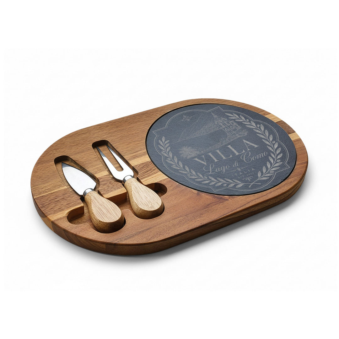 Villa Lago di Como Engraved Charcuterie Board Set Design with Slate Insert & Cheese Knives
