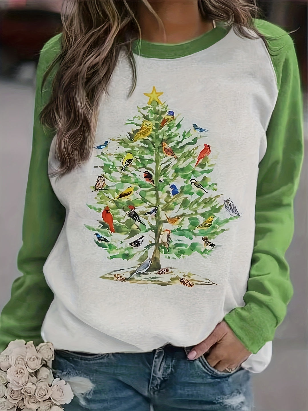 Christmas Tree Sweatshirt, Casual Raglan Sleeve