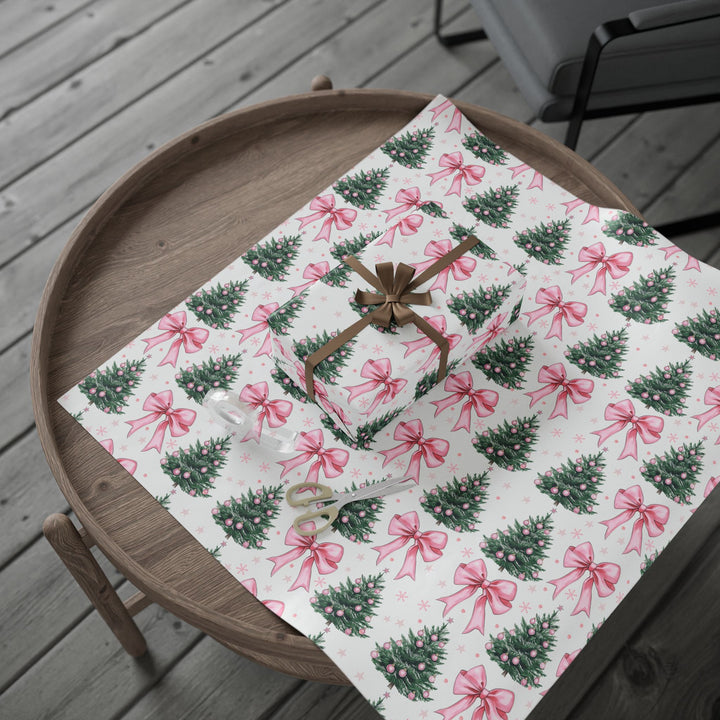 Festive Christmas Wrapping Paper with Pink Bows and Wreaths