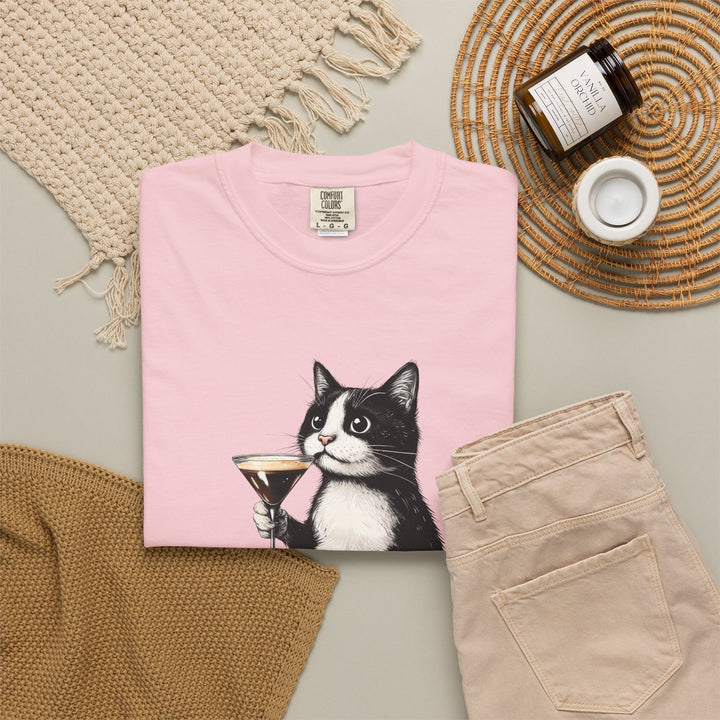 Cat with Cocktail TShirt Tuxedo Cat Drinking Martini Cute Graphic Tee