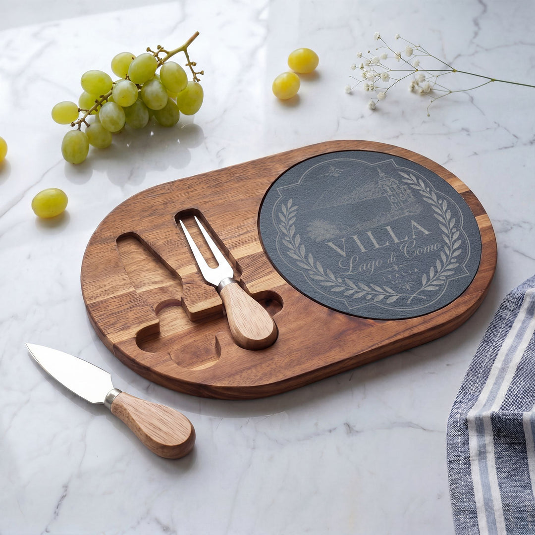 Villa Lago di Como Engraved Charcuterie Board Set Design with Slate Insert & Cheese Knives