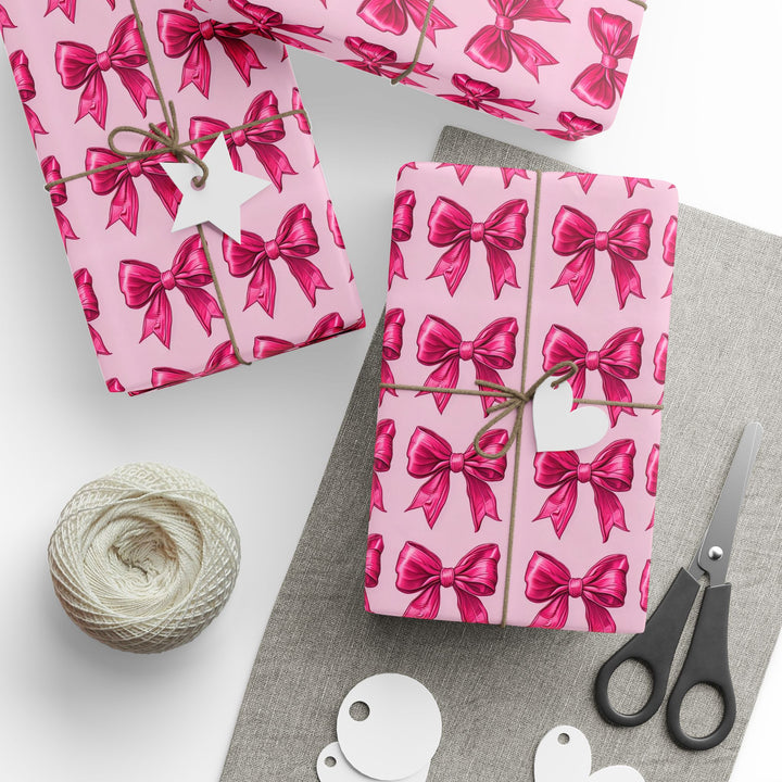Pink Bow Wrapping Paper Coquette Christmas Gift Wrap Hot Pink Ribbon Pattern for Gifts