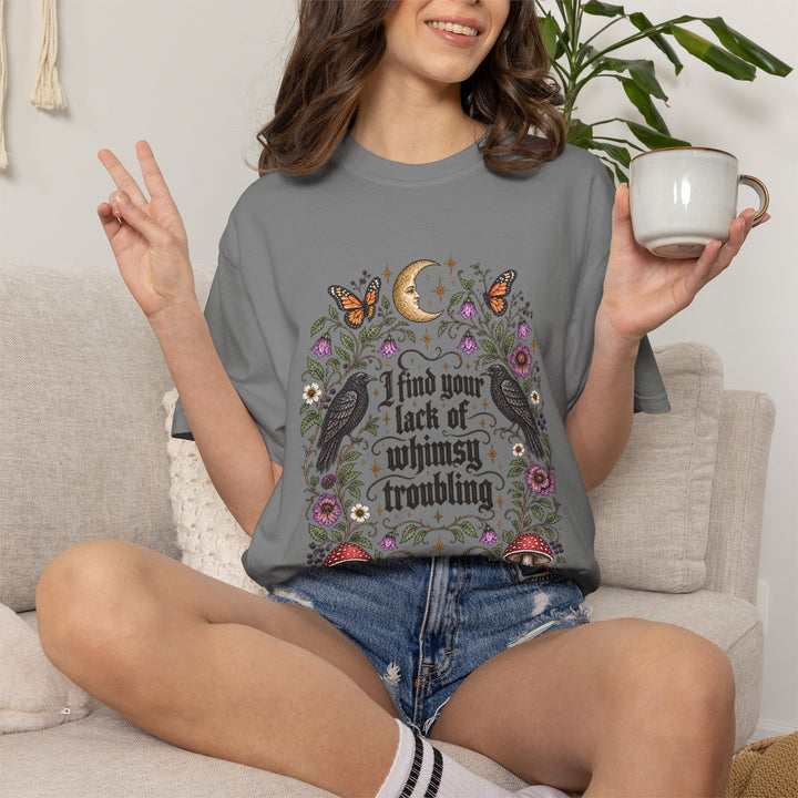 Comfort Colors Lack of Whimsy Crow TShirt, Witchy Autumn Tee, Celestial Moth Raven Halloween Shirt