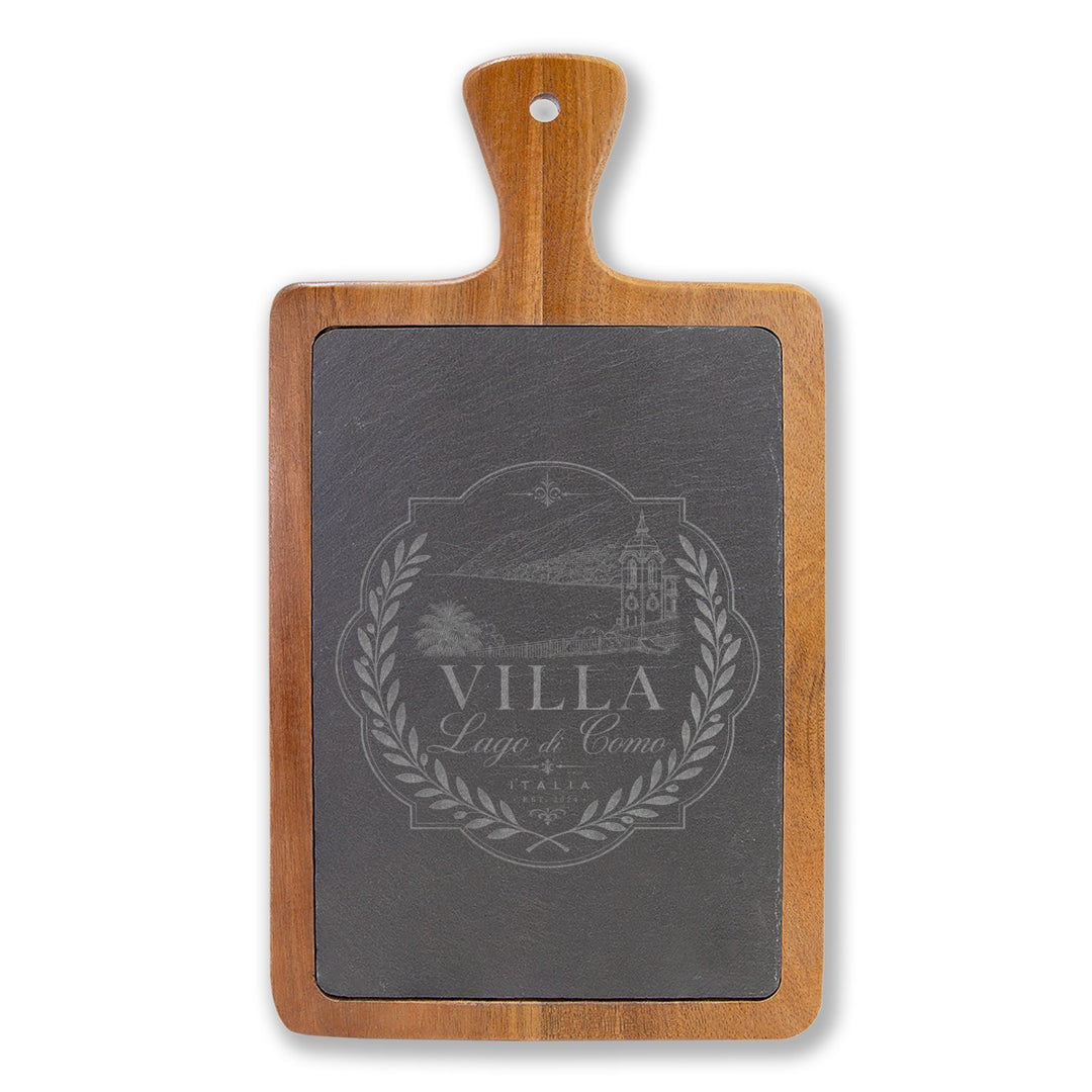 Villa Lago di Como Engraved Charcuterie Board Set Design with Slate Insert & Cheese Knives