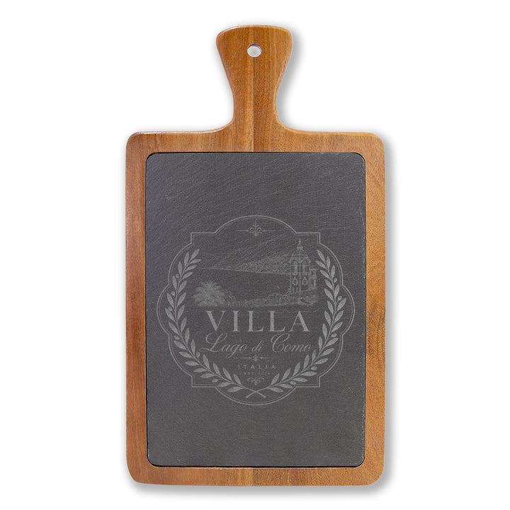 Villa Lago di Como Engraved Charcuterie Board Set Design with Slate Insert & Cheese Knives