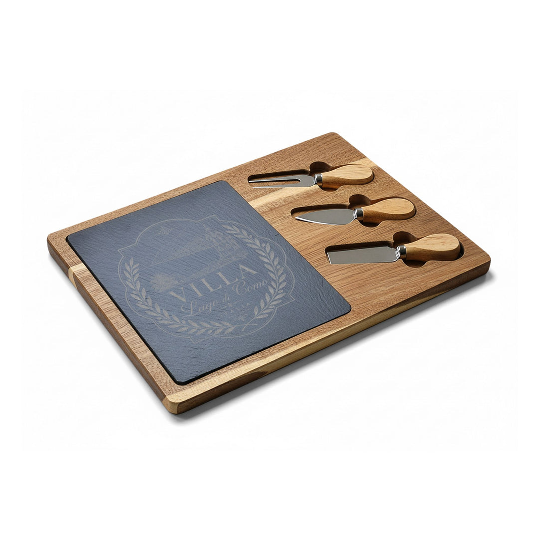 Villa Lago di Como Engraved Charcuterie Board Set Design with Slate Insert & Cheese Knives