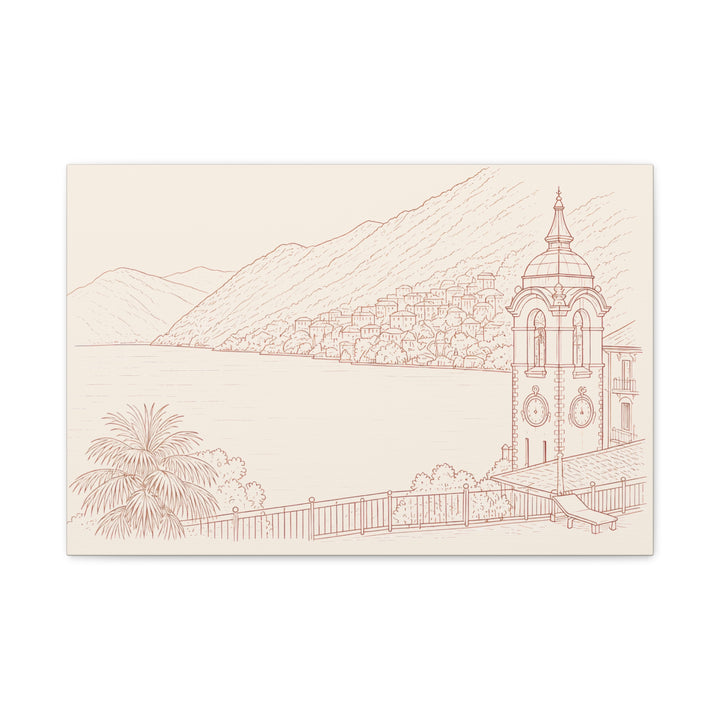 Villa Lago di Como Coastal Sketch Canvas Print  Minimal Seaside Wall Art