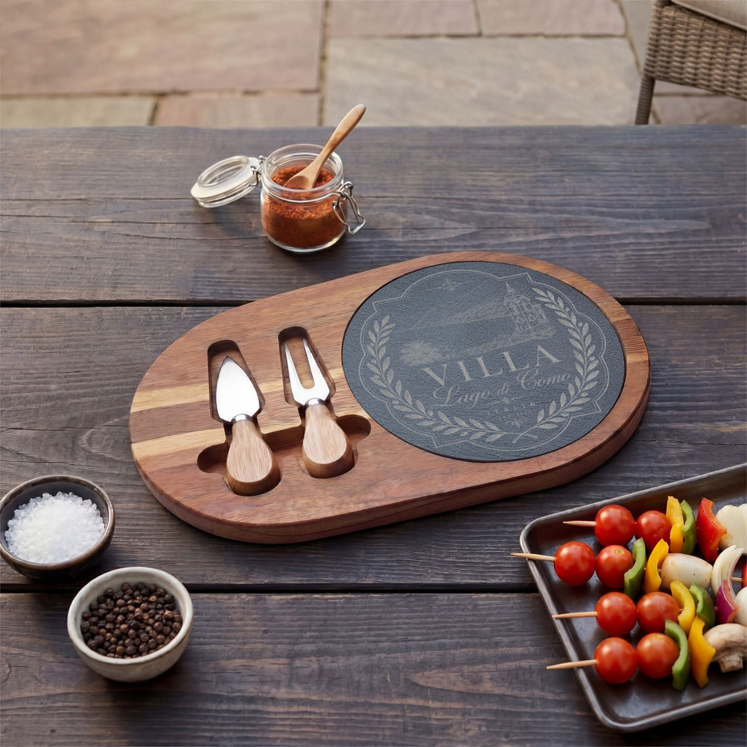 Villa Lago di Como Engraved Charcuterie Board Set Design with Slate Insert & Cheese Knives