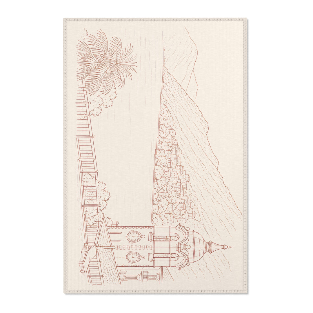 Villa Lago di Como Vintage Sketch Church Area Rug Soft Neutral Scenic Accent Rug