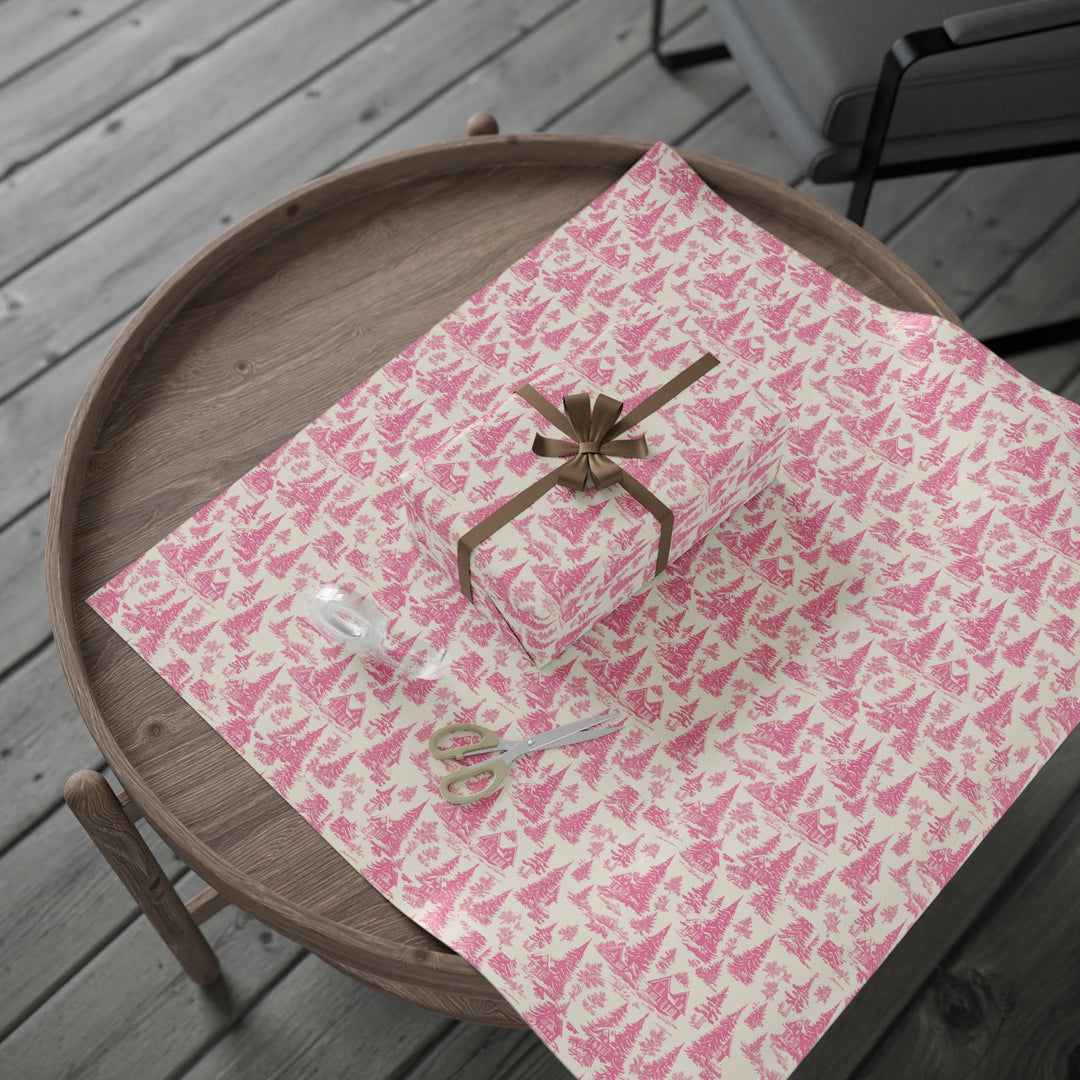 Pink Toile Wrapping Paper Roll — Vintage Cottage Pattern Gift Wrap for Birthdays, Bridal, Mother’s Day