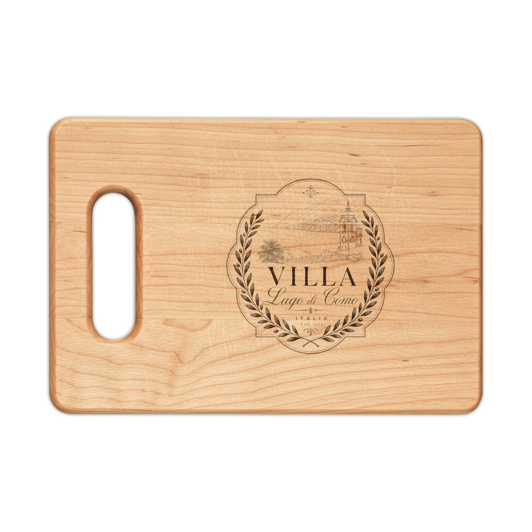 Engraved Villa Wreath Wooden Cutting Board — Personalized Kitchen Serving Board