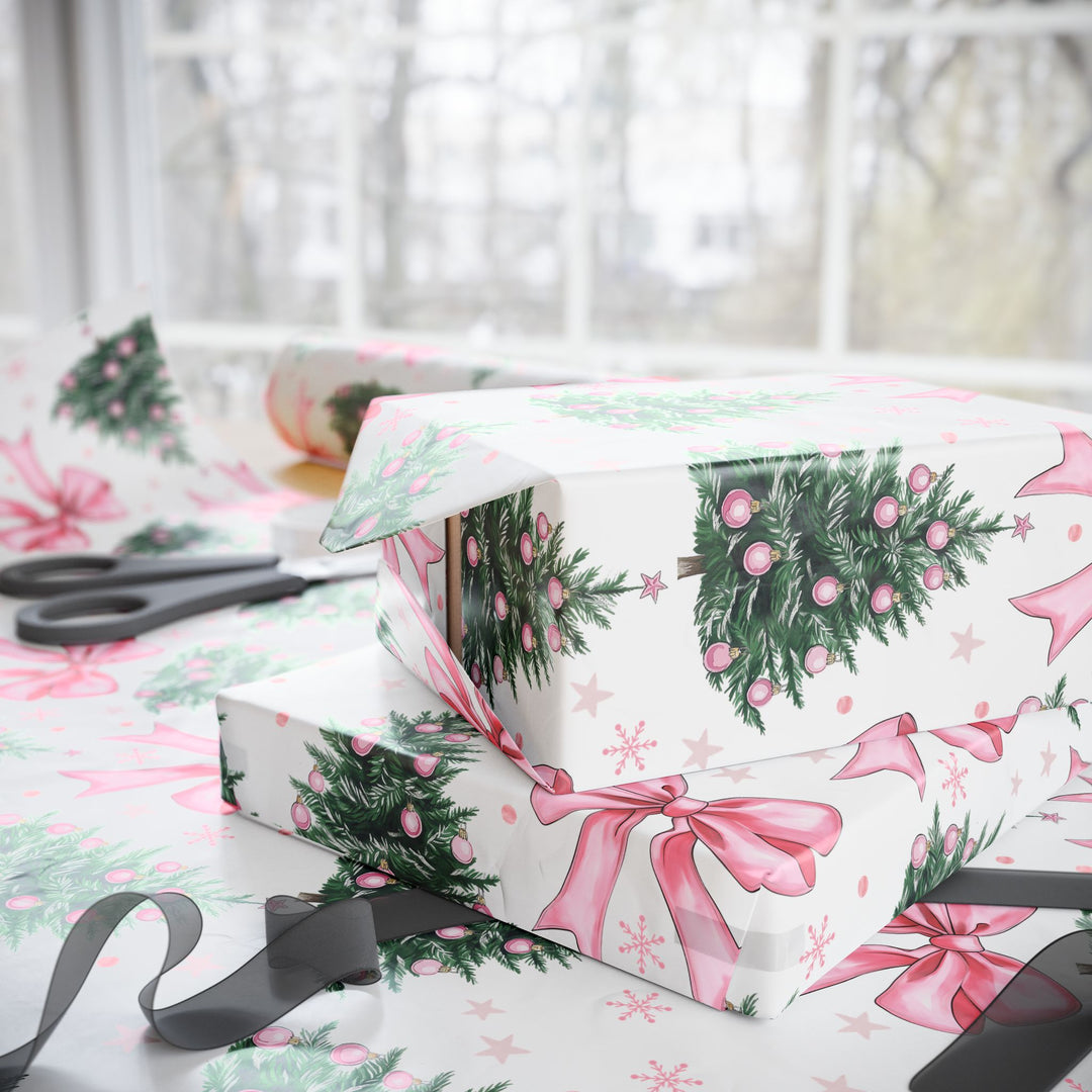 Festive Christmas Wrapping Paper with Pink Bows and Wreaths