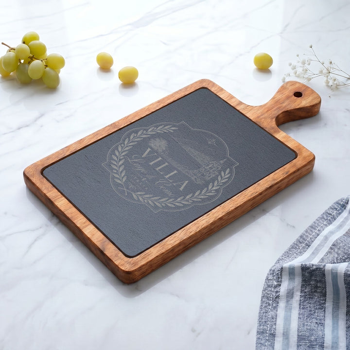Villa Lago di Como Engraved Charcuterie Board Set Design with Slate Insert & Cheese Knives