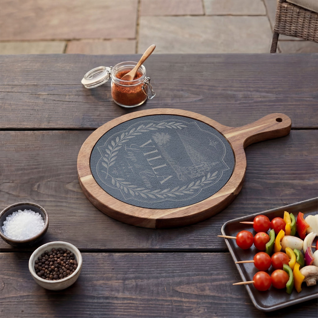 Villa Lago di Como Engraved Charcuterie Board Set Design with Slate Insert & Cheese Knives