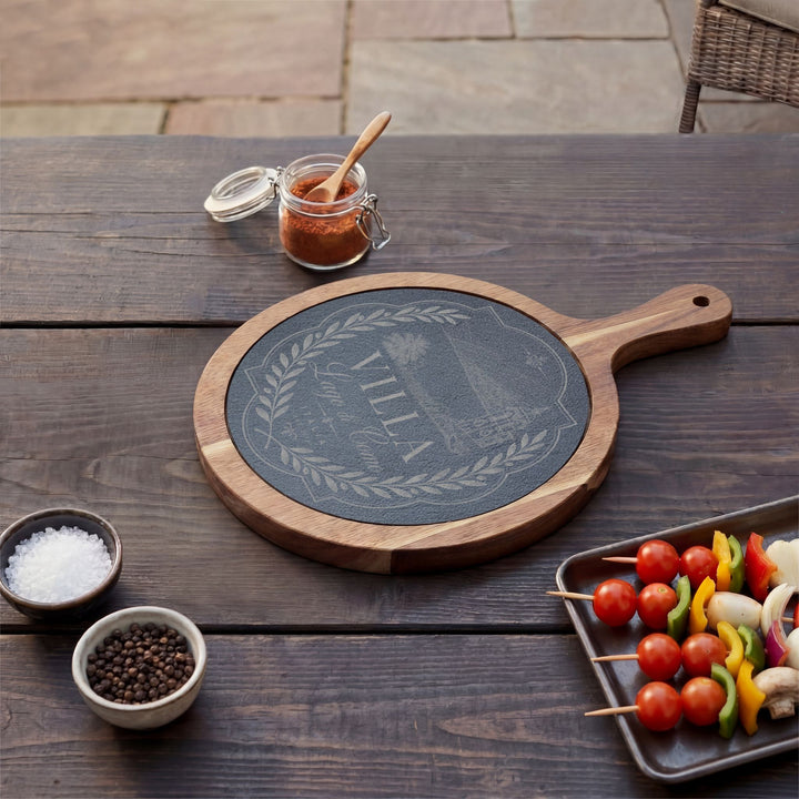 Villa Lago di Como Engraved Charcuterie Board Set Design with Slate Insert & Cheese Knives