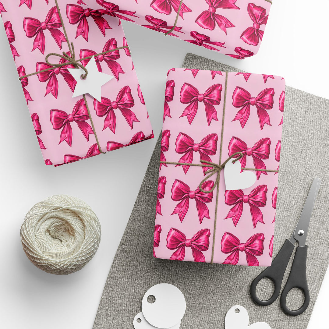 Pink Bow Wrapping Paper Coquette Christmas Gift Wrap Hot Pink Ribbon Pattern for Gifts