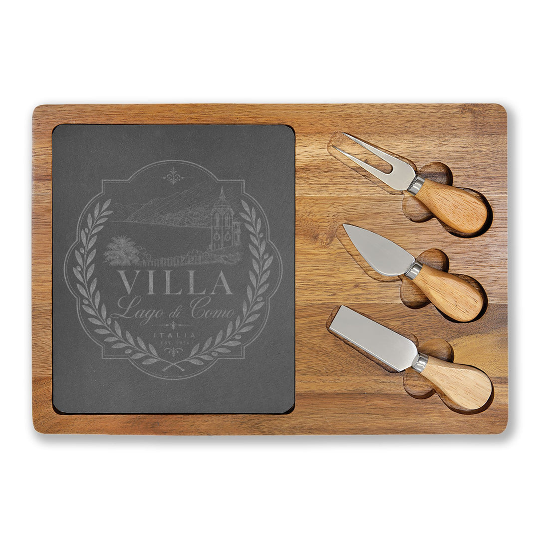 Villa Lago di Como Engraved Charcuterie Board Set Design with Slate Insert & Cheese Knives