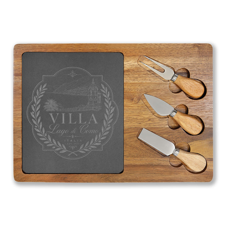 Villa Lago di Como Engraved Charcuterie Board Set Design with Slate Insert & Cheese Knives