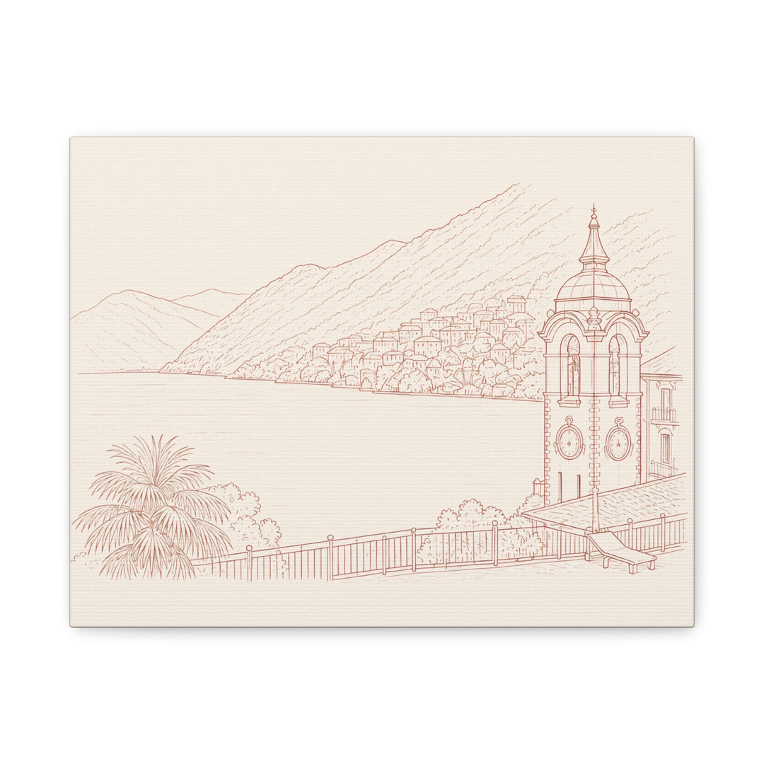 Villa Lago di Como Coastal Sketch Canvas Print  Minimal Seaside Wall Art