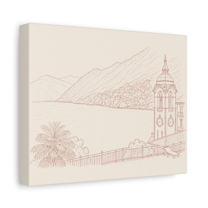 Villa Lago di Como Coastal Sketch Canvas Print  Minimal Seaside Wall Art