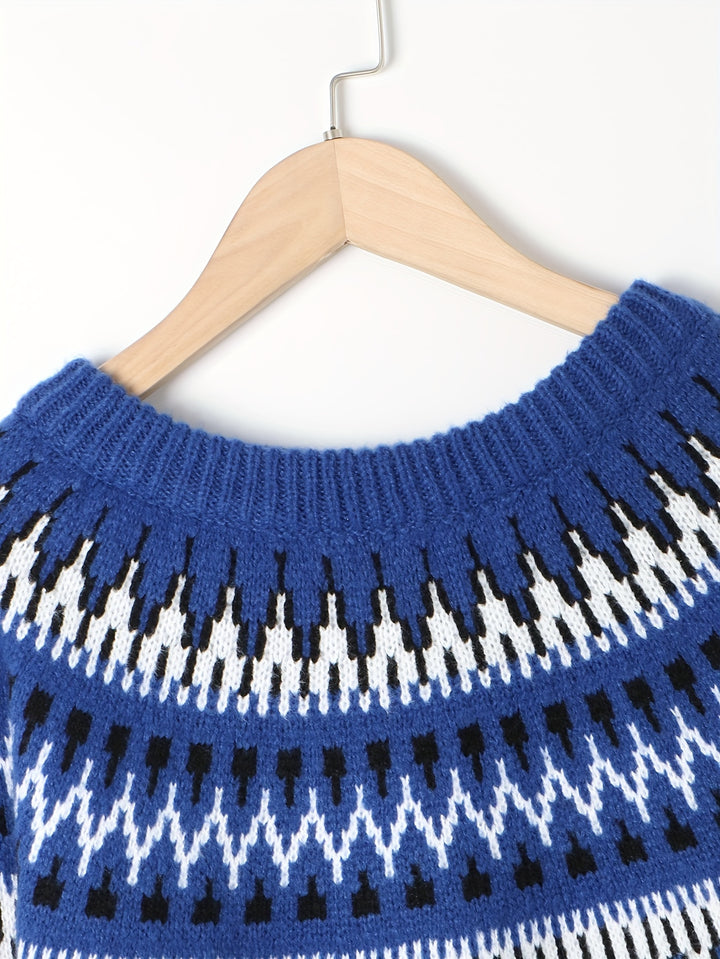 Cobalt Blue Fair Isle Crew Neck Pullover Sweater, Apres Ski Vintage Long Sleeve Fall Winter Sweater, Women's Clothing