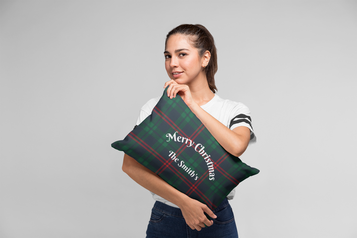 Personalized Merry Christmas Lumbar Pillow Tartan Plaid Custom